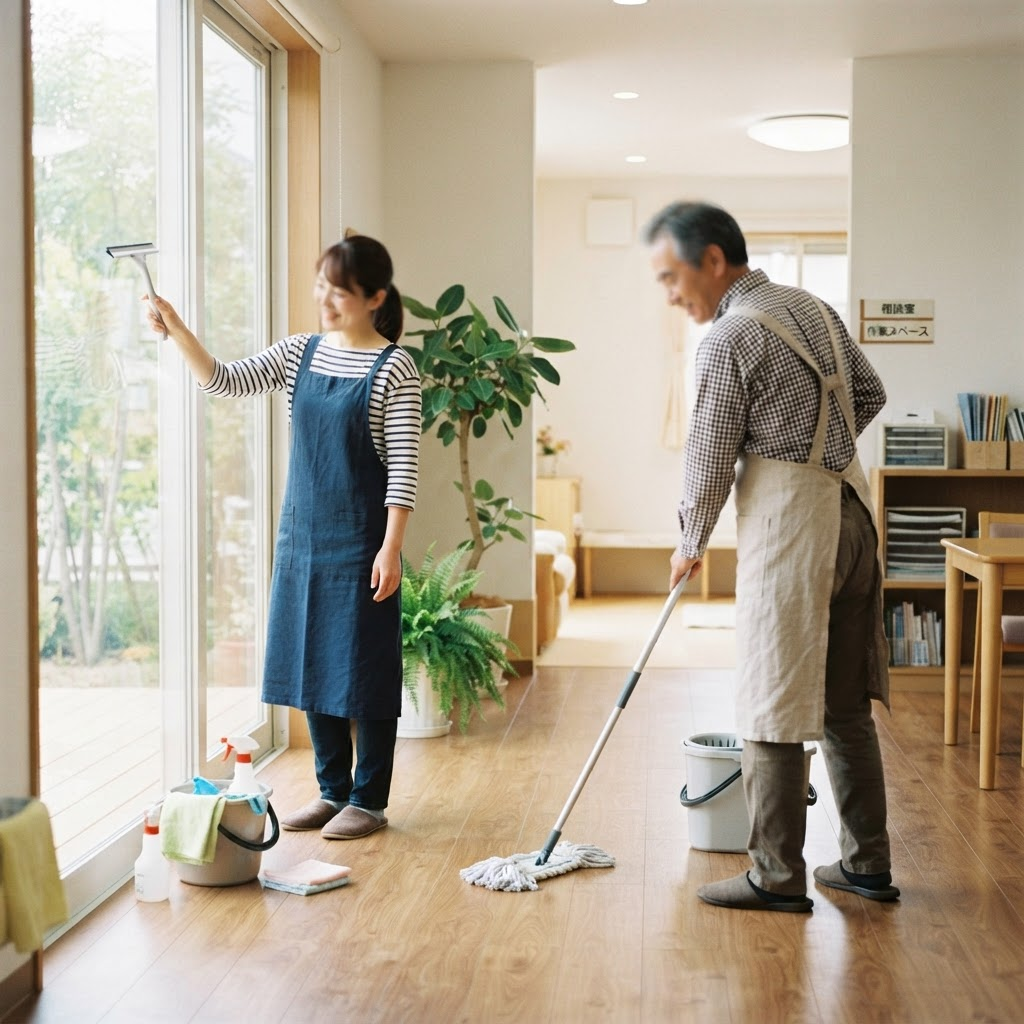 利用者と職員が明るい室内で協力してハウスクリーニングを行う様子